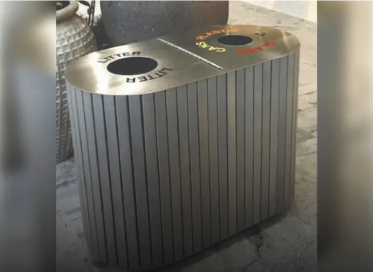 Dual-compartment airport dustbin for cans and litter designed by Urbanlandproducts, a trusted Airport Dustbin Manufacturer in India.