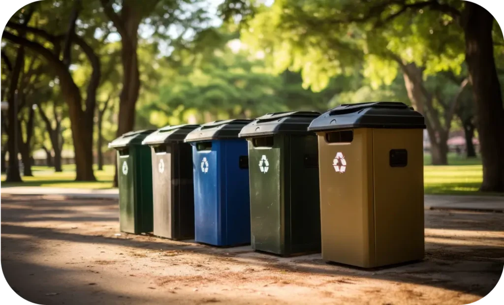 Modern outdoor street dustbins placed in a public park area by leading Street Dustbin Manufacturer in India.
