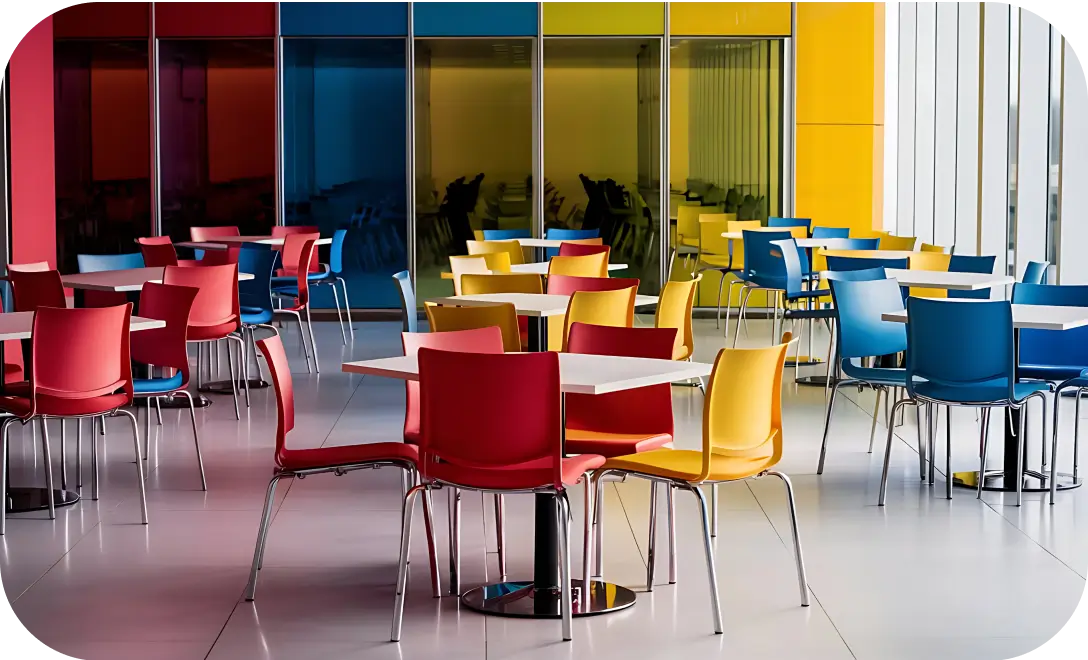 Modular canteen table system offering flexible configuration options for customizable dining layouts.