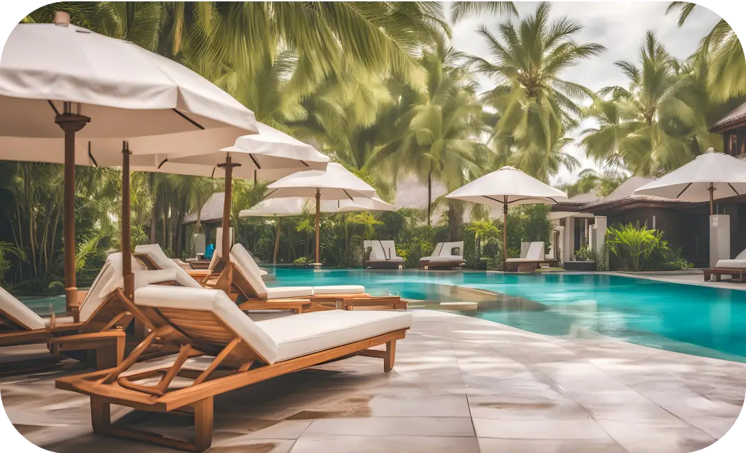 Outdoor pool loungers manufactured in India by Urban Land Products – tan sunbeds