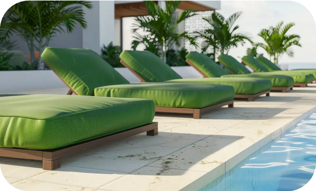 Modern green pool side loungers by Urban Land Products – made in India for luxury spaces