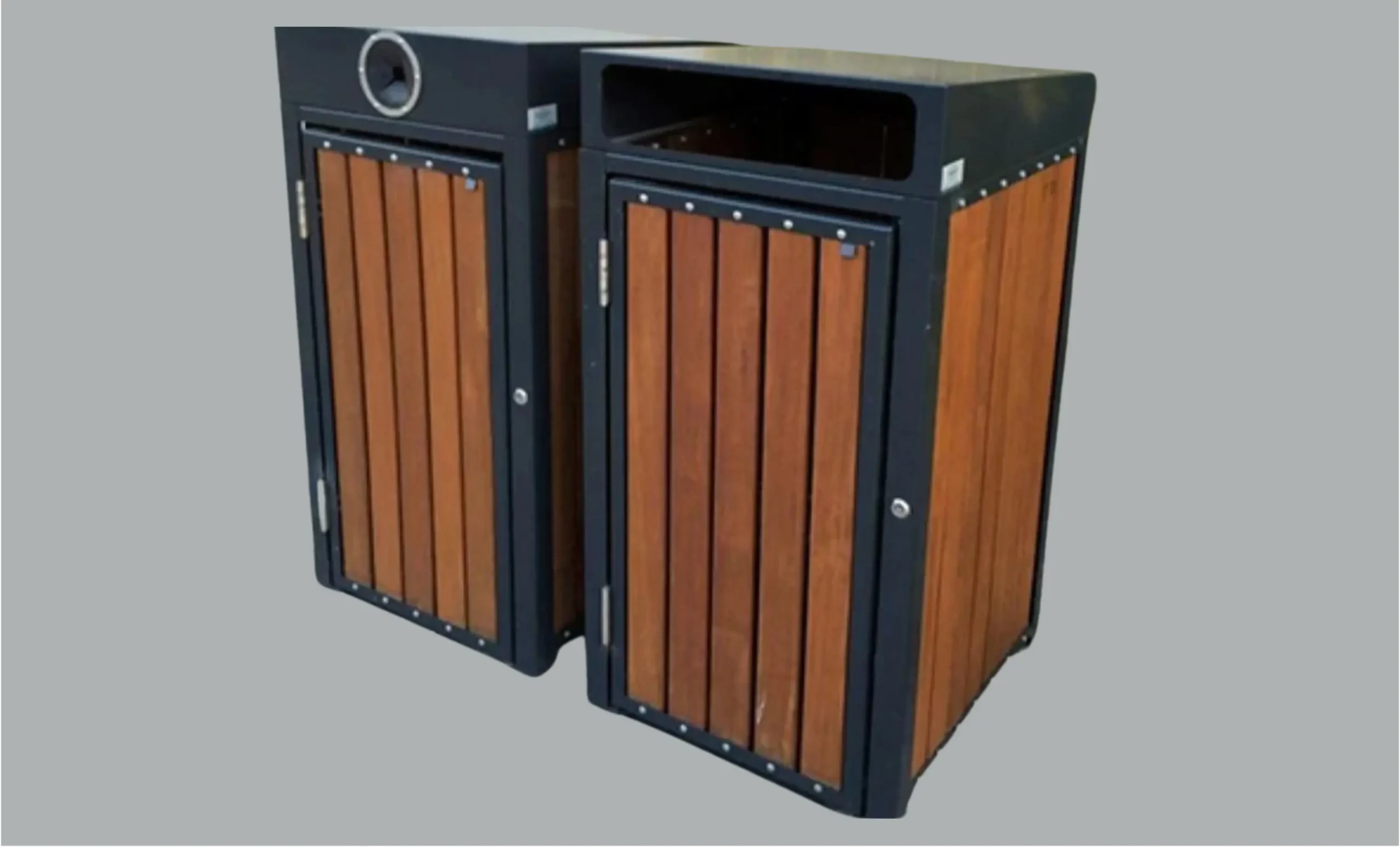 Double wooden slat dustbin with metal frame by Wooden Dustbin Manufacturer in India – UrbanLand Products.