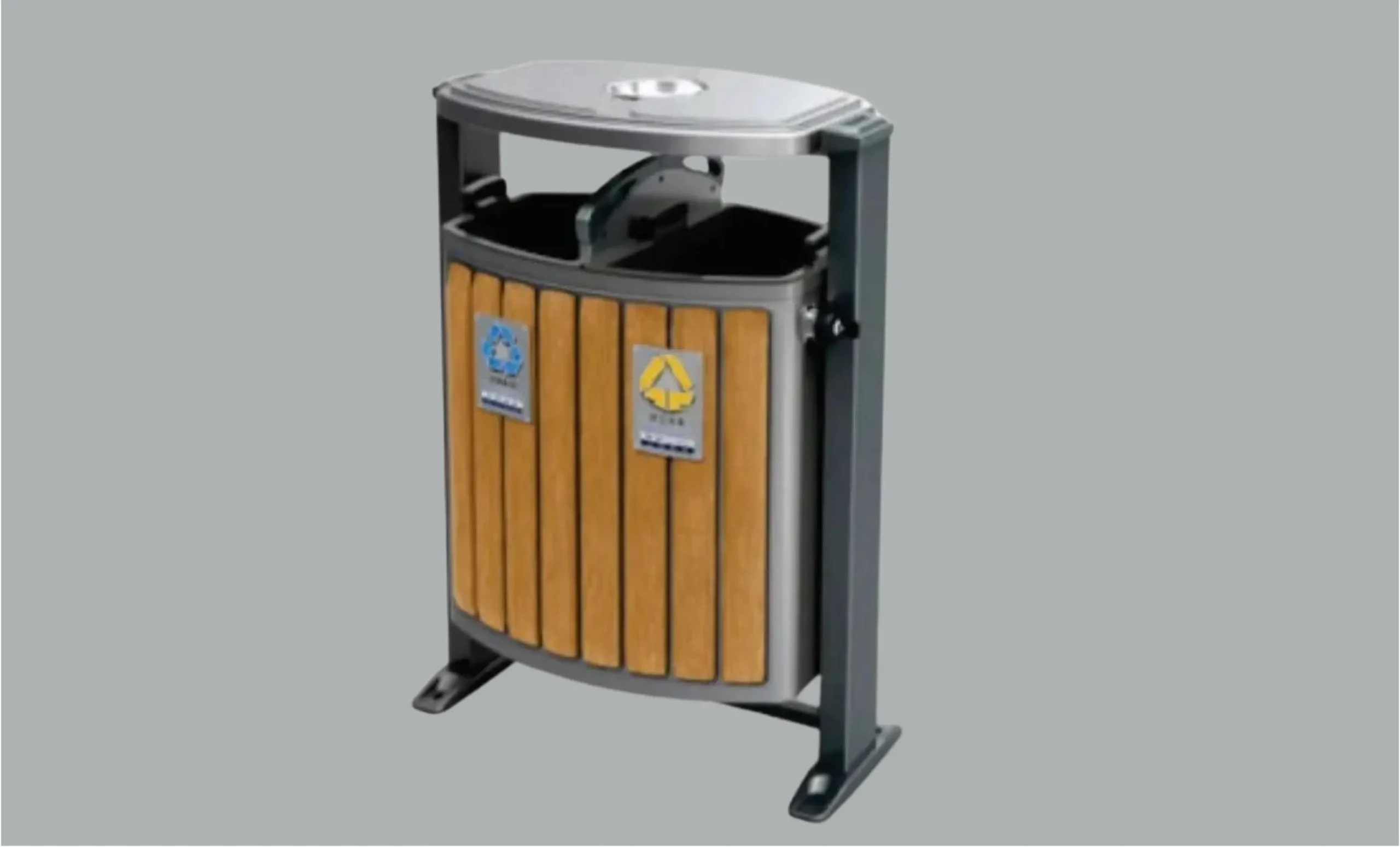 Dual-compartment wooden slat dustbin with metal frame by Wooden Dustbin Manufacturer in India – UrbanLand Products.