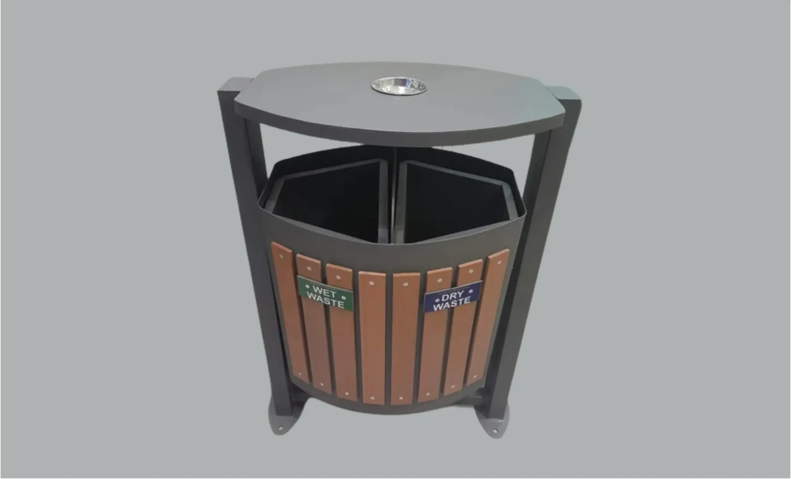 Round wooden dustbin with three compartments by Wooden Dustbin Manufacturer in India – UrbanLand Products.