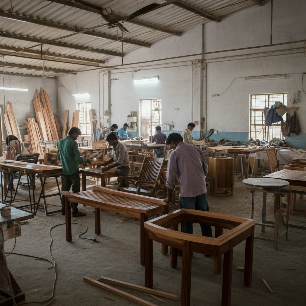 Skilled workers crafting luxury wooden furniture in a factory – Best Outdoor Furniture Manufacturer in India, Urban Land Products