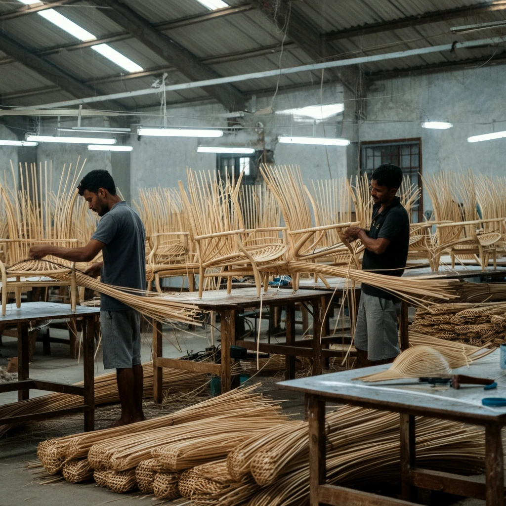 Artisans crafting cane furniture at Urban Land Products – Best Outdoor Furniture Manufacturer in India
